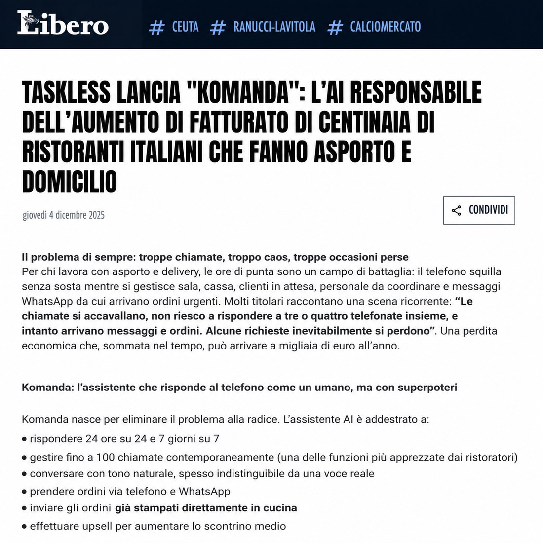 L'articolo su Komanda pubblicato da Libero Quotidiano il 4 dicembre 2025