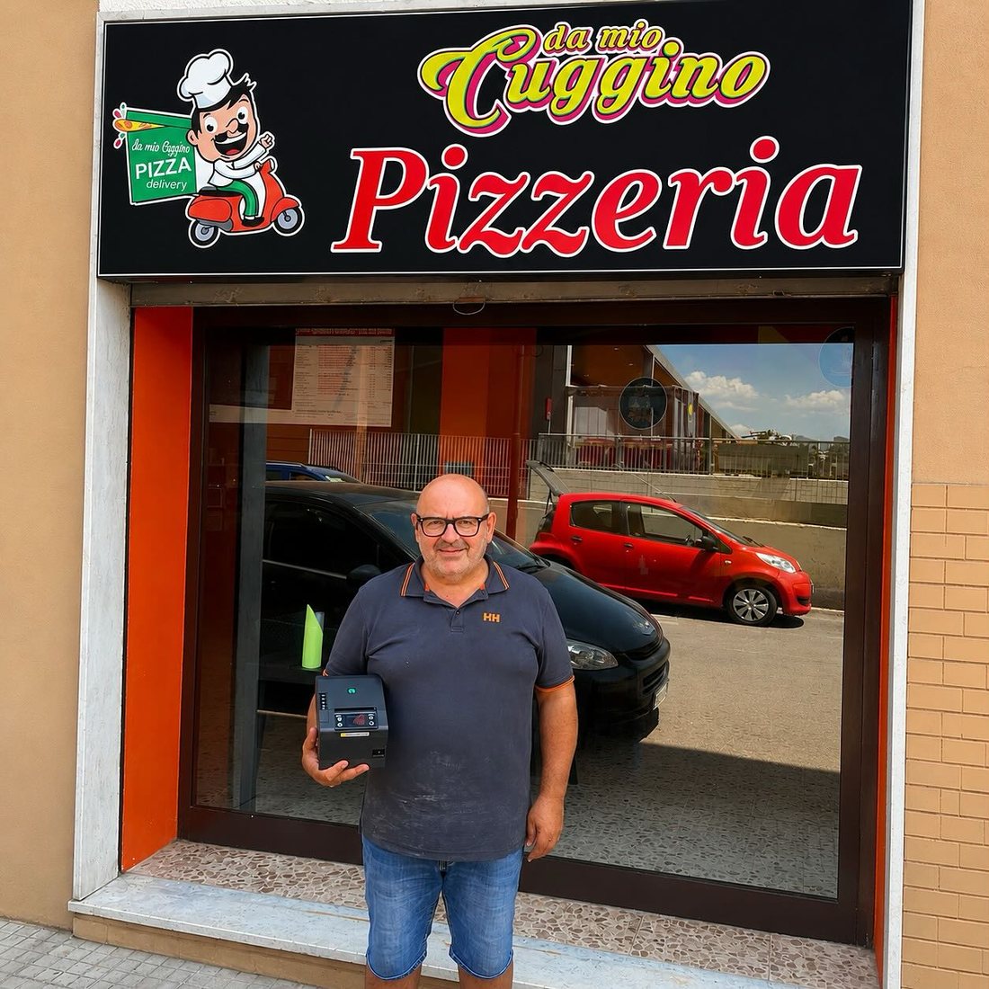 Il titolare della pizzeria Da mio Cuggino davanti al suo locale con la stampante Komanda in mano
