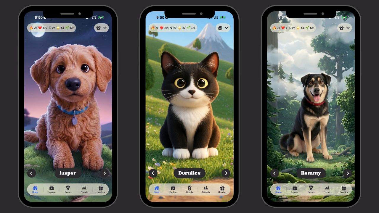 Three pets in the Whiskers app