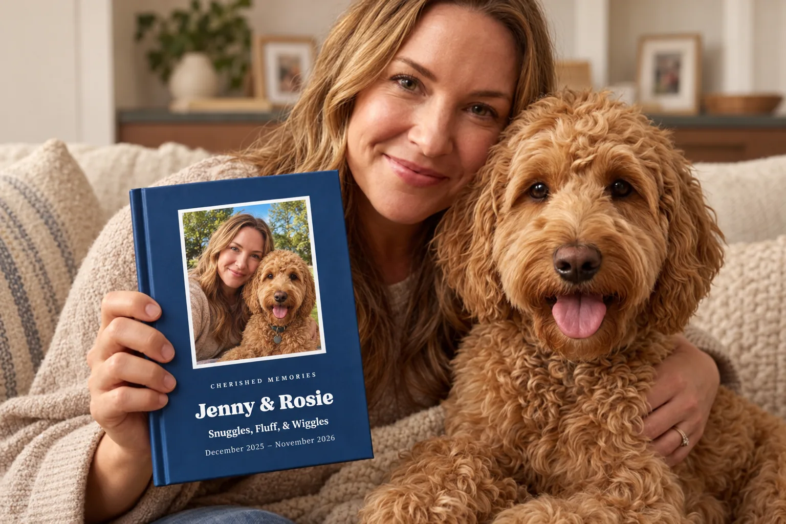 A pet lover and her doodle with their keepsake book