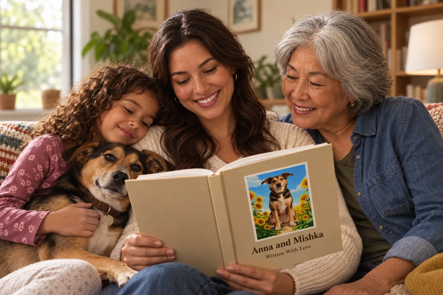 Three generations reading their dog's keepsake book together