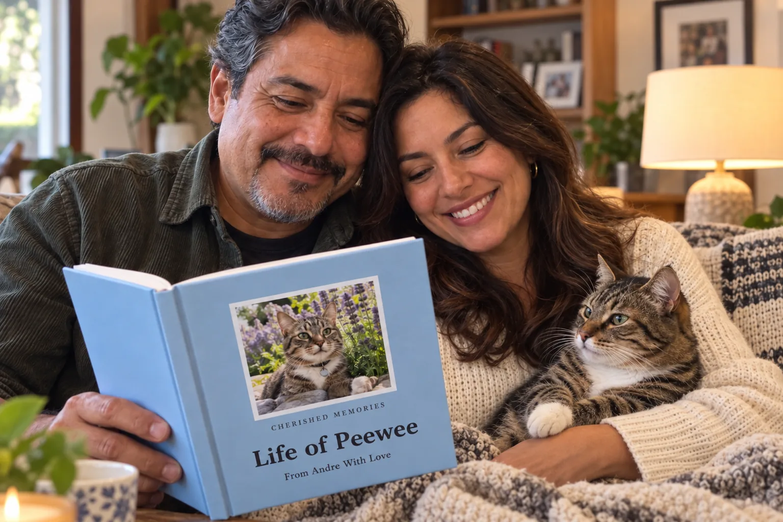 A couple reading their cat's keepsake book together