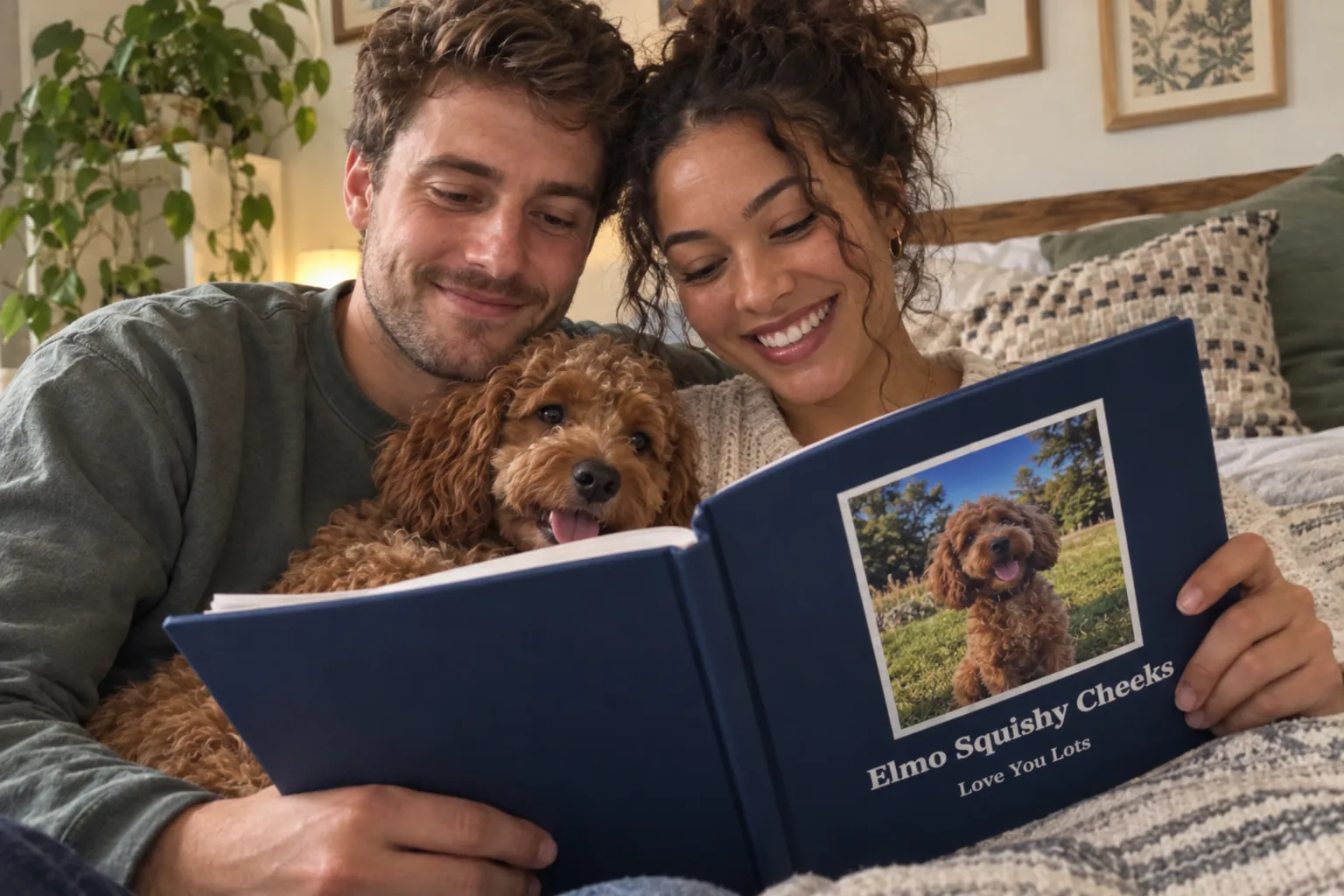 A couple and their doodle reading their keepsake book