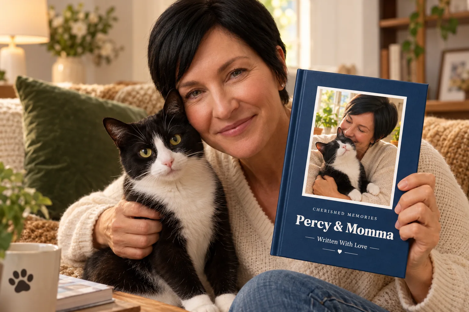 A pet lover holding her cat and their keepsake book