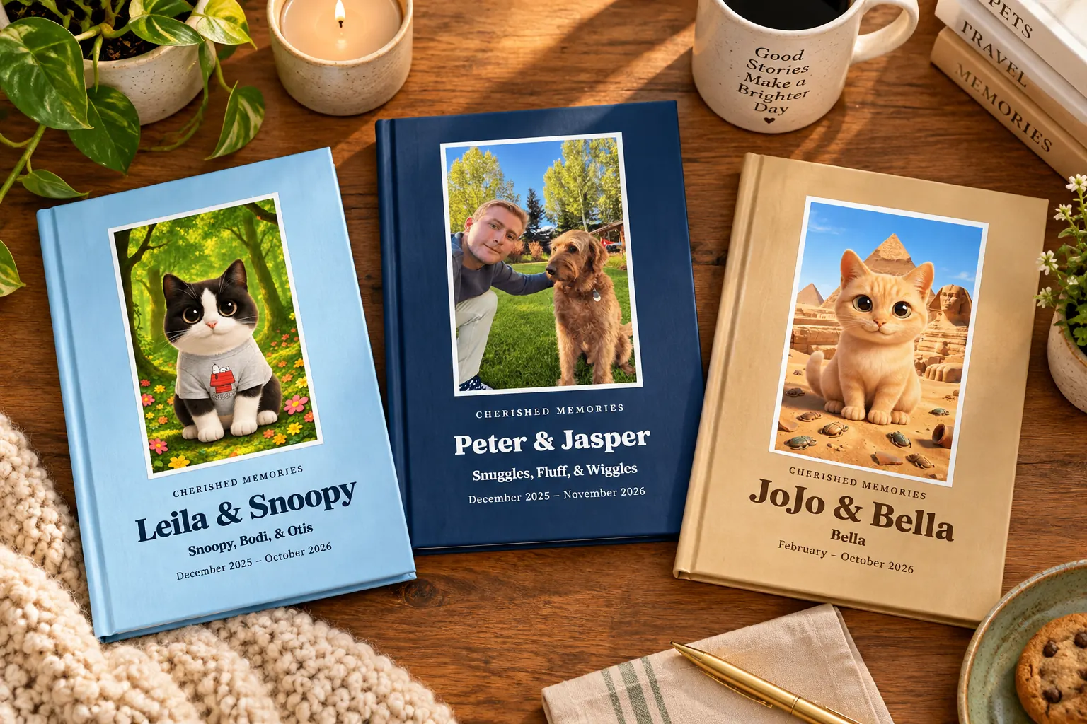Three Whiskers keepsake books on a cozy table