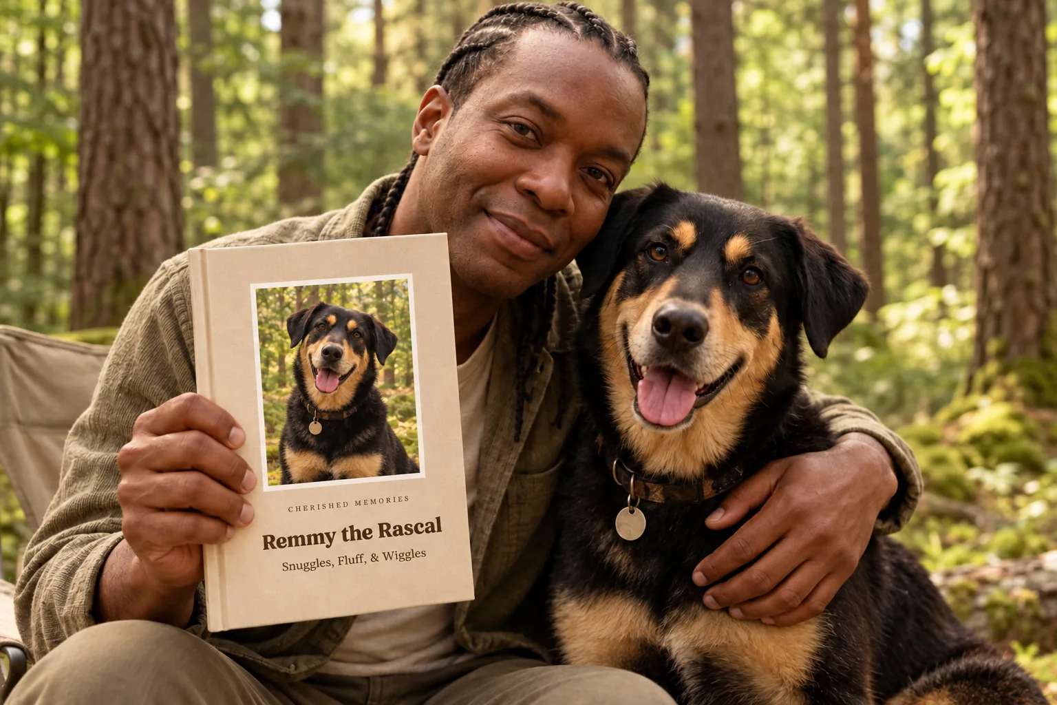 A dad and his dog with their keepsake book