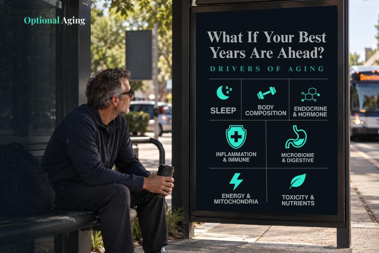 Optional Aging Seven Drivers of Aging sign at a bus stop