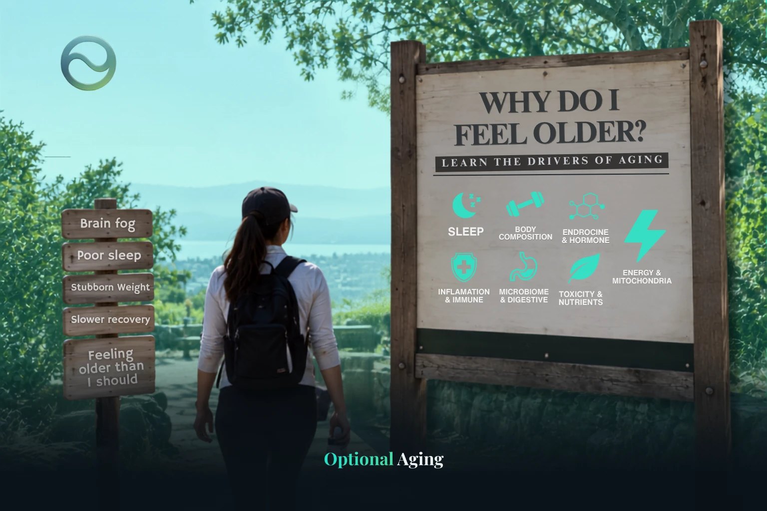 Woman on a trail looking at a sign about the drivers of aging