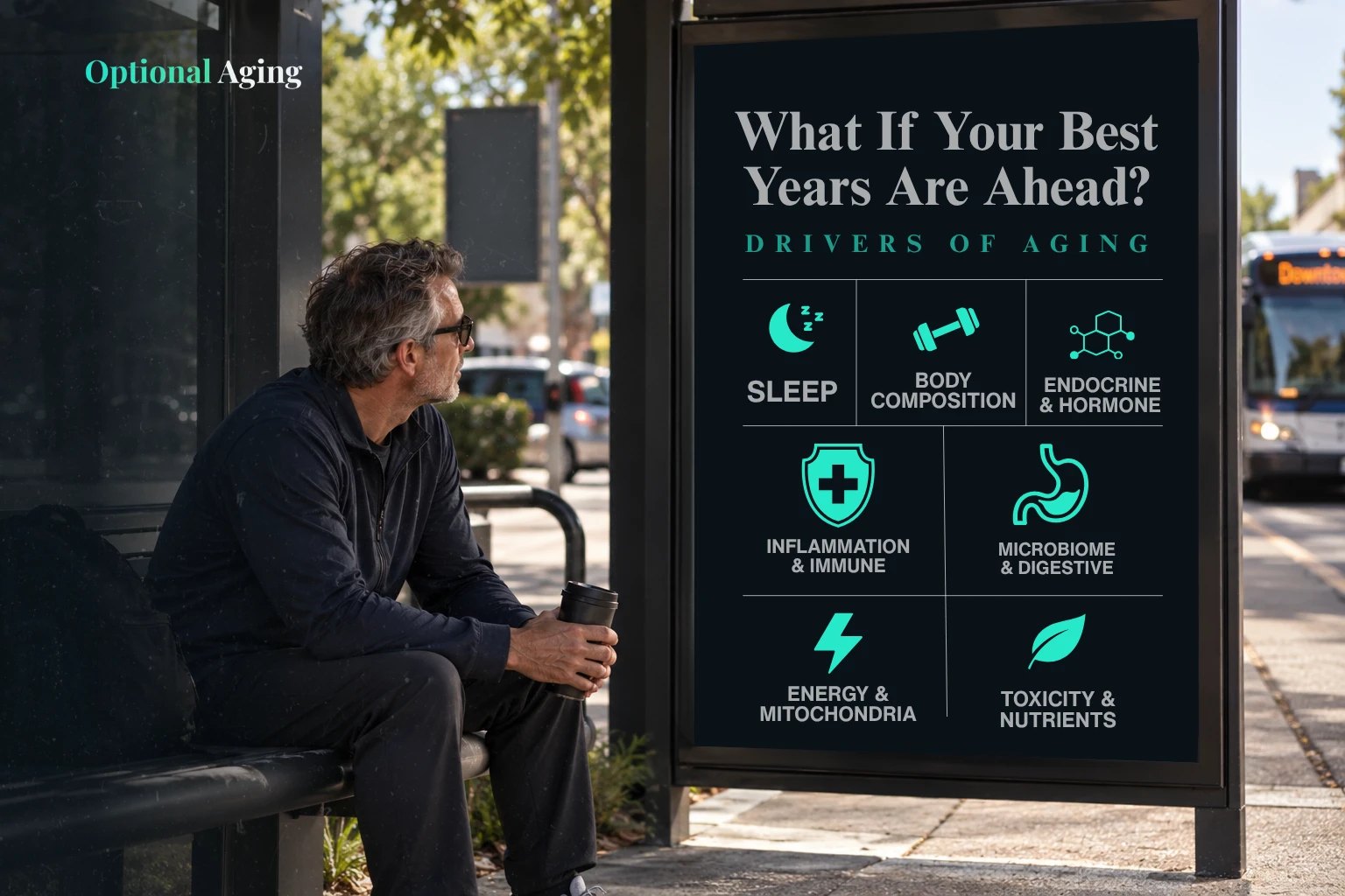 Man at a bus stop next to a sign about the drivers of aging