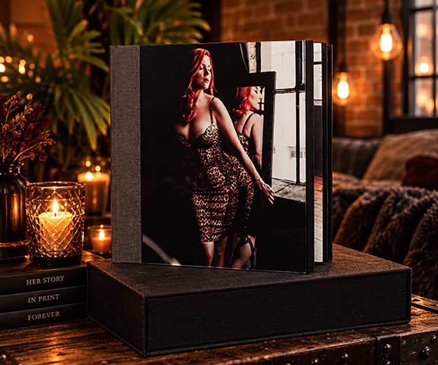 Handcrafted heirloom boudoir album with keepsake box