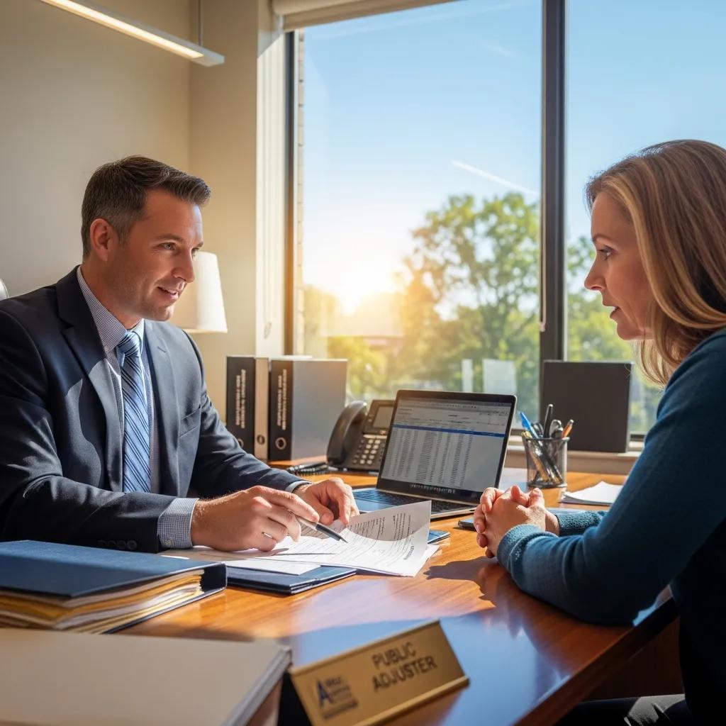 Public adjuster consulting with a policyholder about a property damage insurance claim during an office meeting Public adjuster consulting with a policyholder about a property damage insurance claim during an office meeting