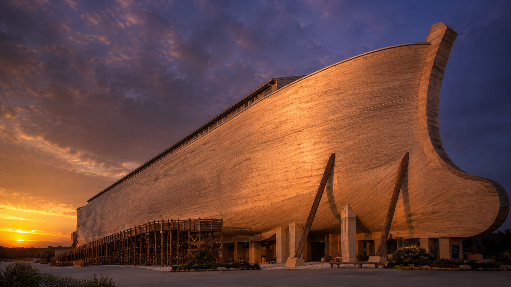Massive wooden ark structure at golden hour
