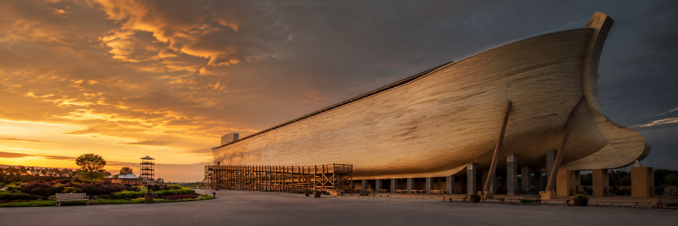 Full-size Noah's Ark replica at sunset