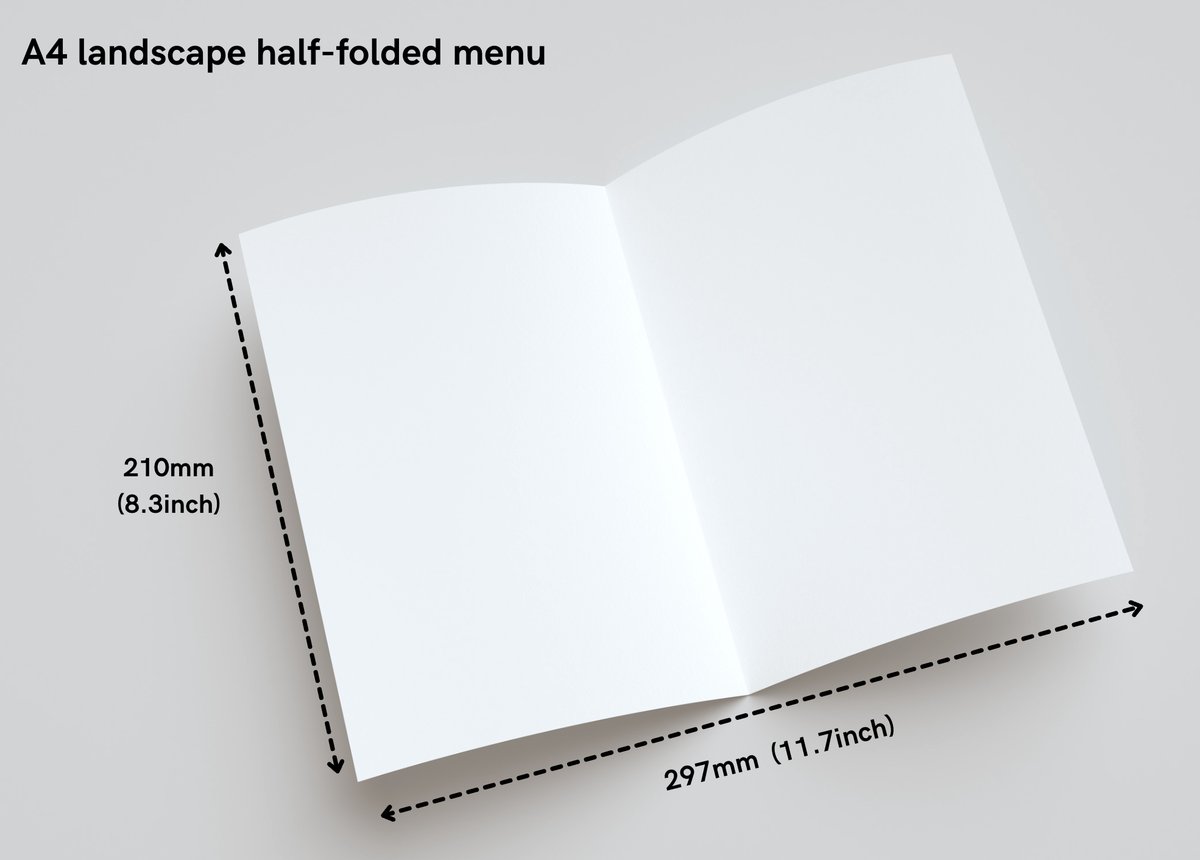 A4, A5 and A3 printed menus laid side by side to compare size