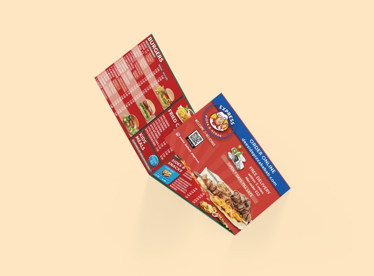 A4 folded and A3 bi-fold printed menus shown part open