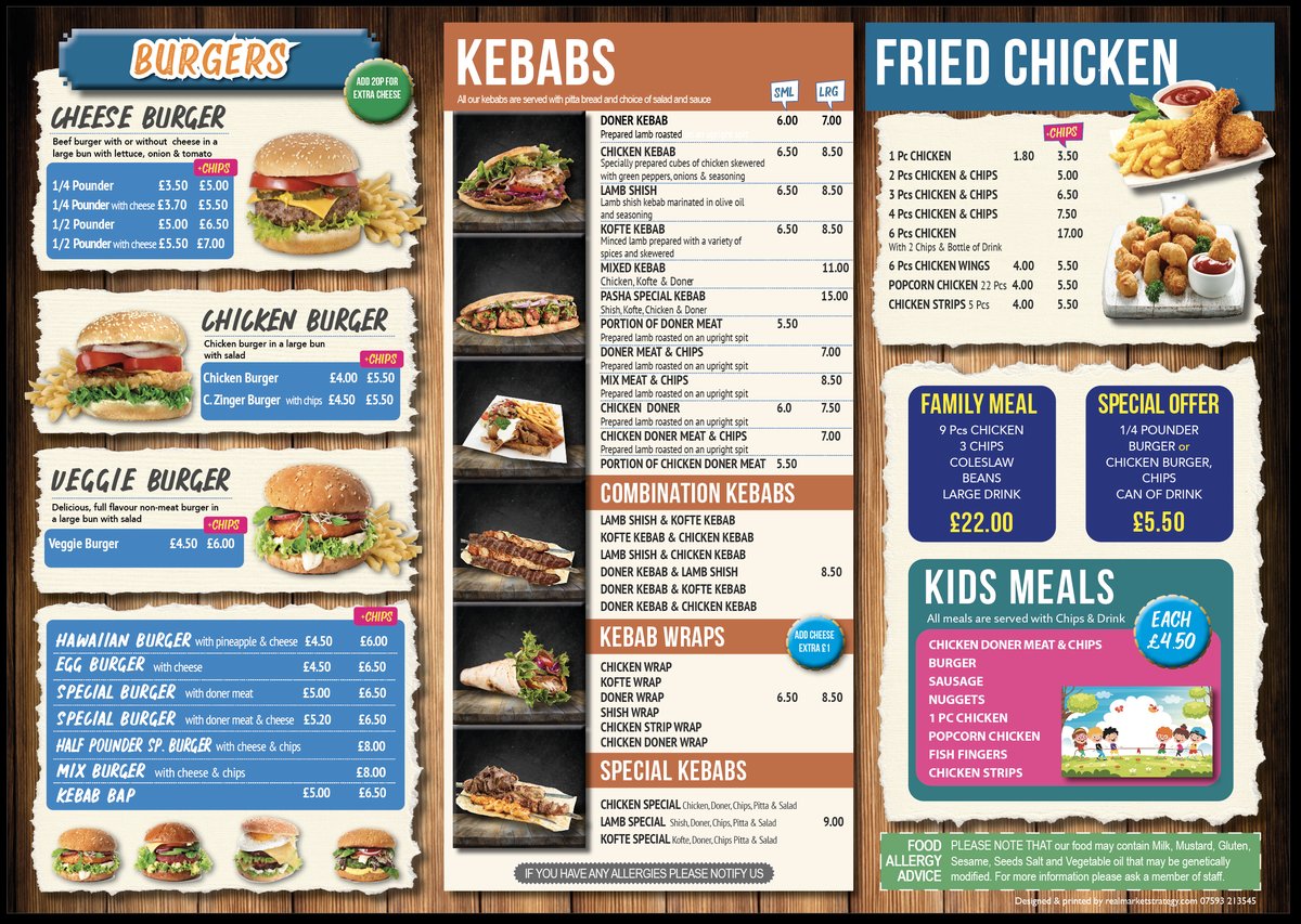 A printed takeaway menu showing an allergen information panel