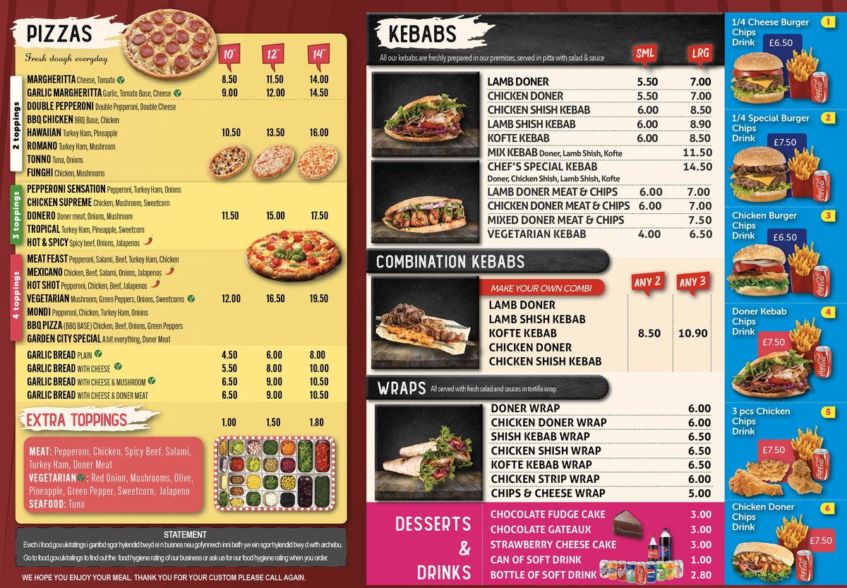 Printed A4 folded takeaway menus stacked on a table