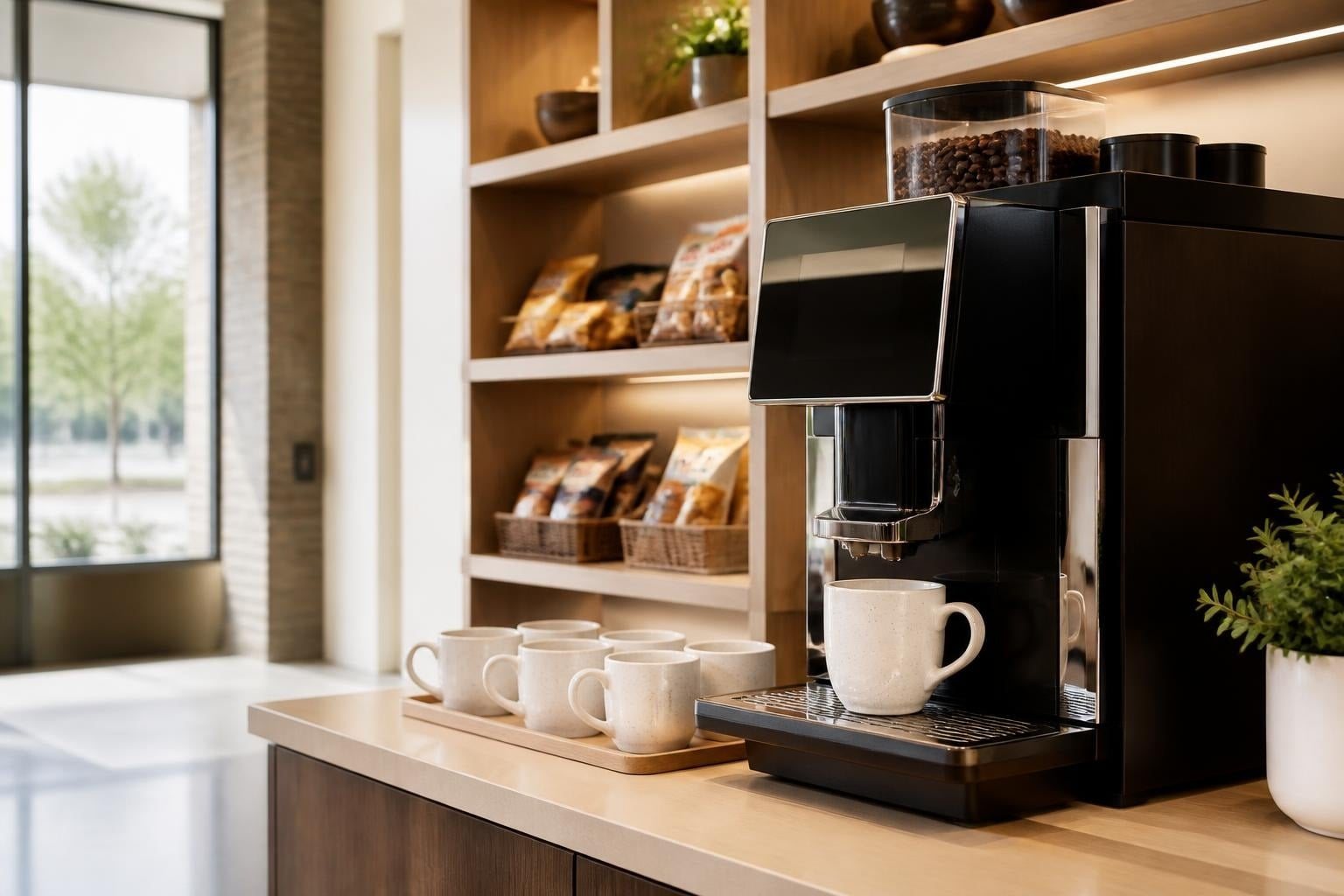 Bright modern office breakroom with a bean-to-cup coffee machine, mugs and stocked snack shelves