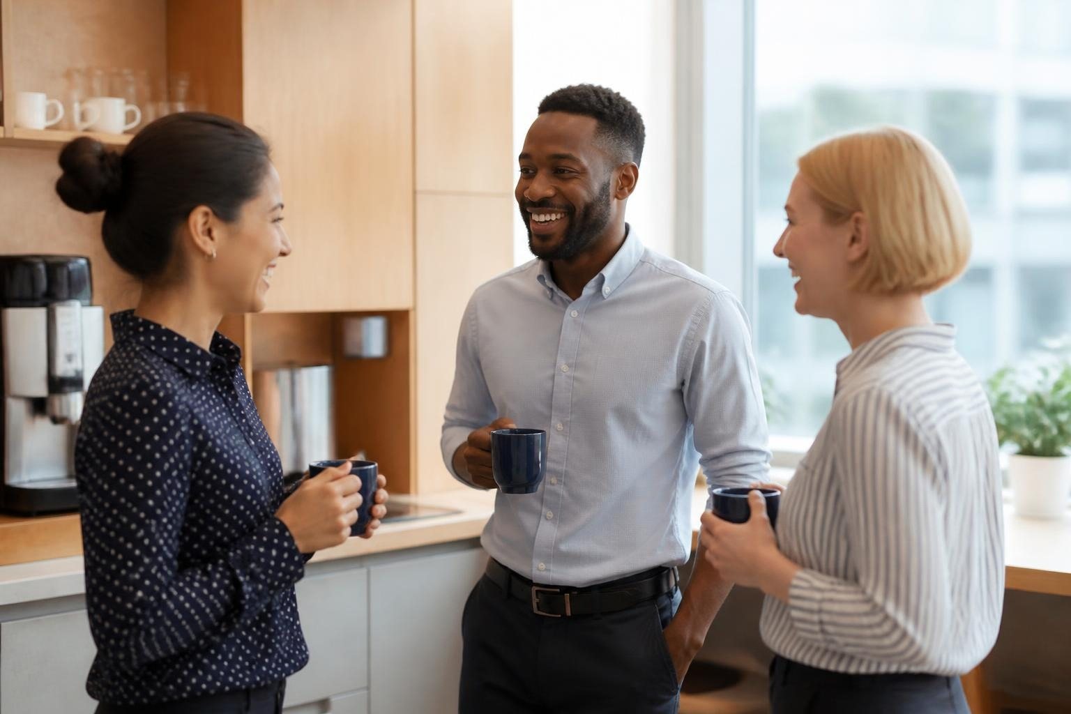 Coworkers laughing together over coffee in an office breakroom