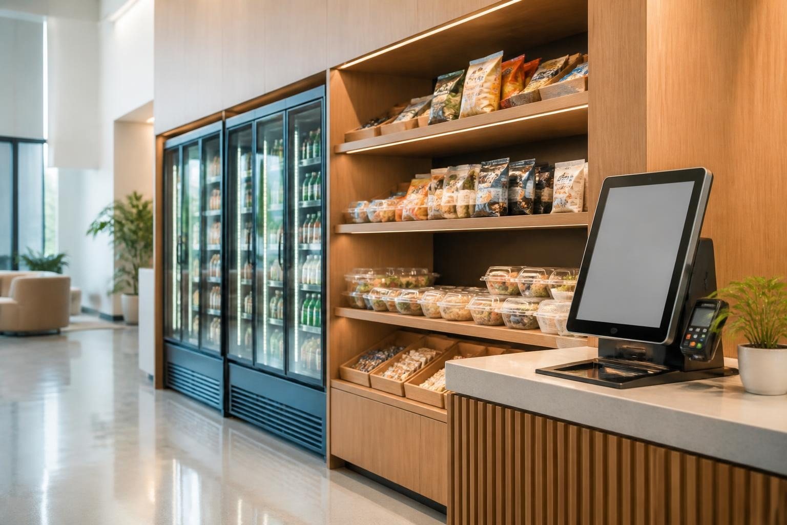 Micro market in a modern office lobby with a self-checkout kiosk, coolers and snack shelves