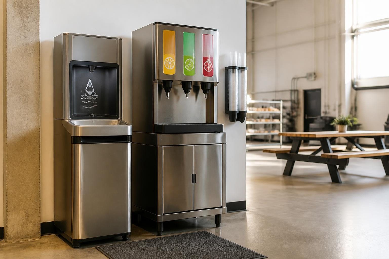 Bottleless filtered water and flavored water dispensers in a warehouse break area