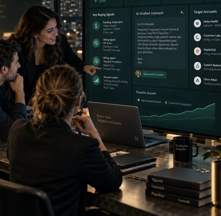 A revenue team reviewing buying signals and outreach on a shared dashboard