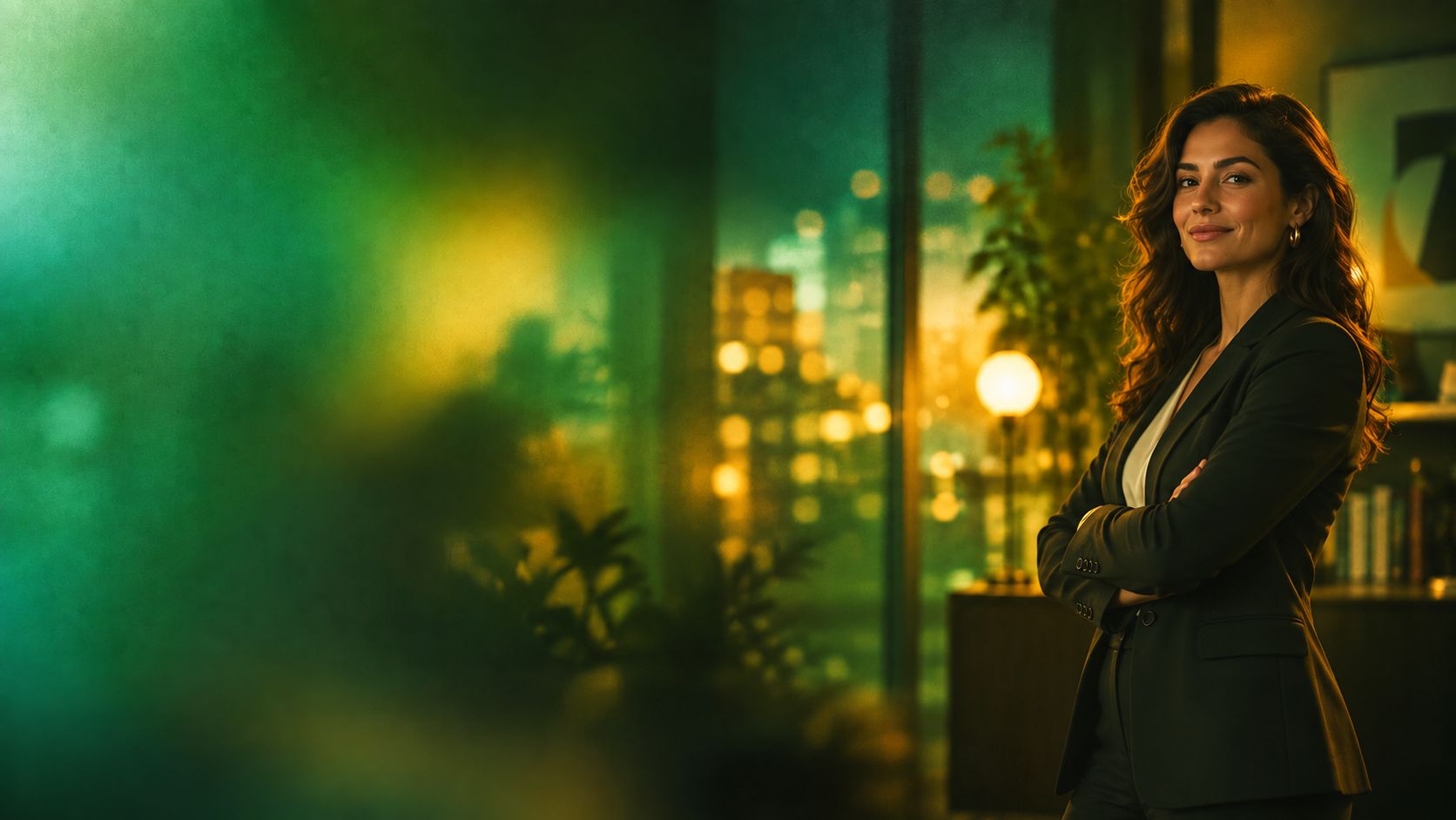 A confident revenue leader standing in a modern office at night, city lights behind her