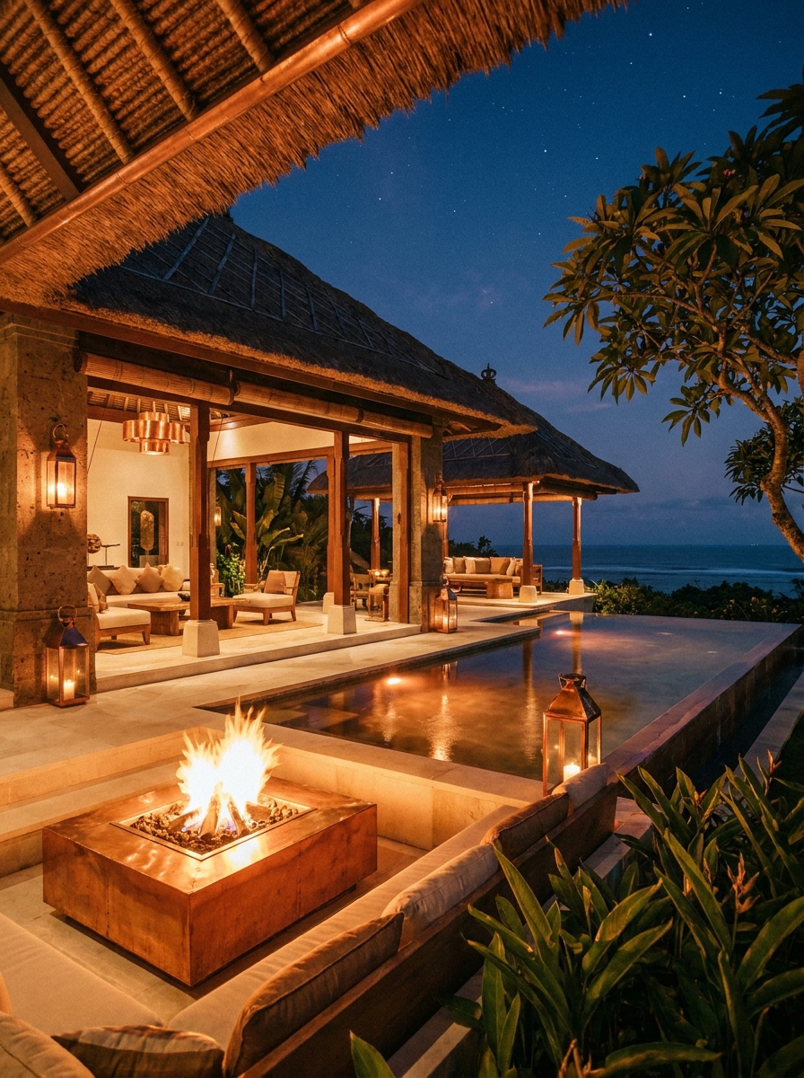 Luxury Bali villa at night with pool