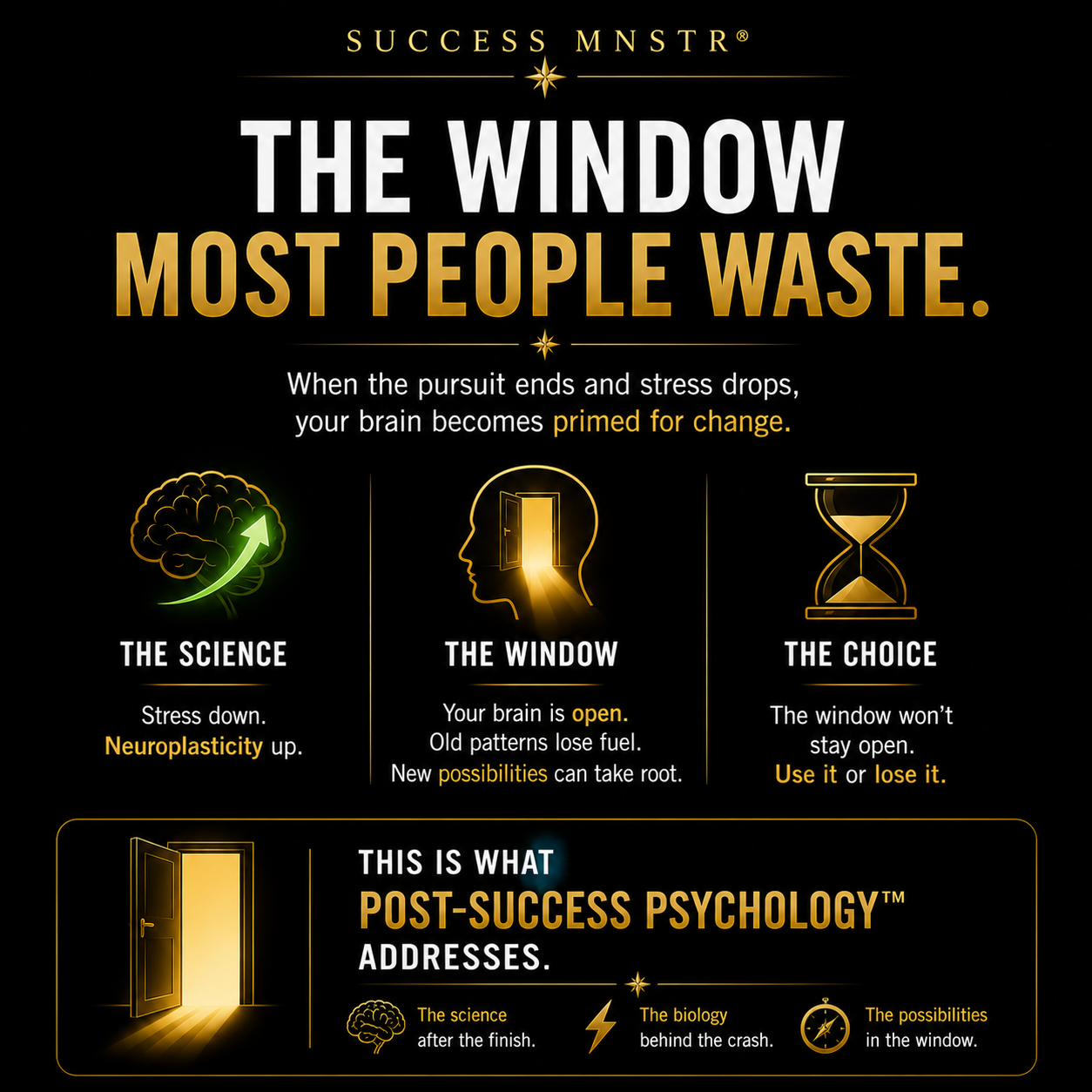 Success MNSTR infographic about the neuroplasticity window after a big finish. When stress drops, neuroplasticity increases, old patterns lose fuel, and new possibilities can take root. The window will not stay open. Use it or lose it. This is what Post-Success Psychology addresses: the science after the finish, the biology behind the crash, and the possibilities in the window. Ashley Armstrong. Success MNSTR infographic about the neuroplasticity window after a big finish. When stress drops, neuroplasticity increases, old patterns lose fuel, and new possibilities can take root. The window will not stay open. Use it or lose it. This is what Post-Success Psychology addresses: the science after the finish, the biology behind the crash, and the possibilities in the window. Ashley Armstrong.