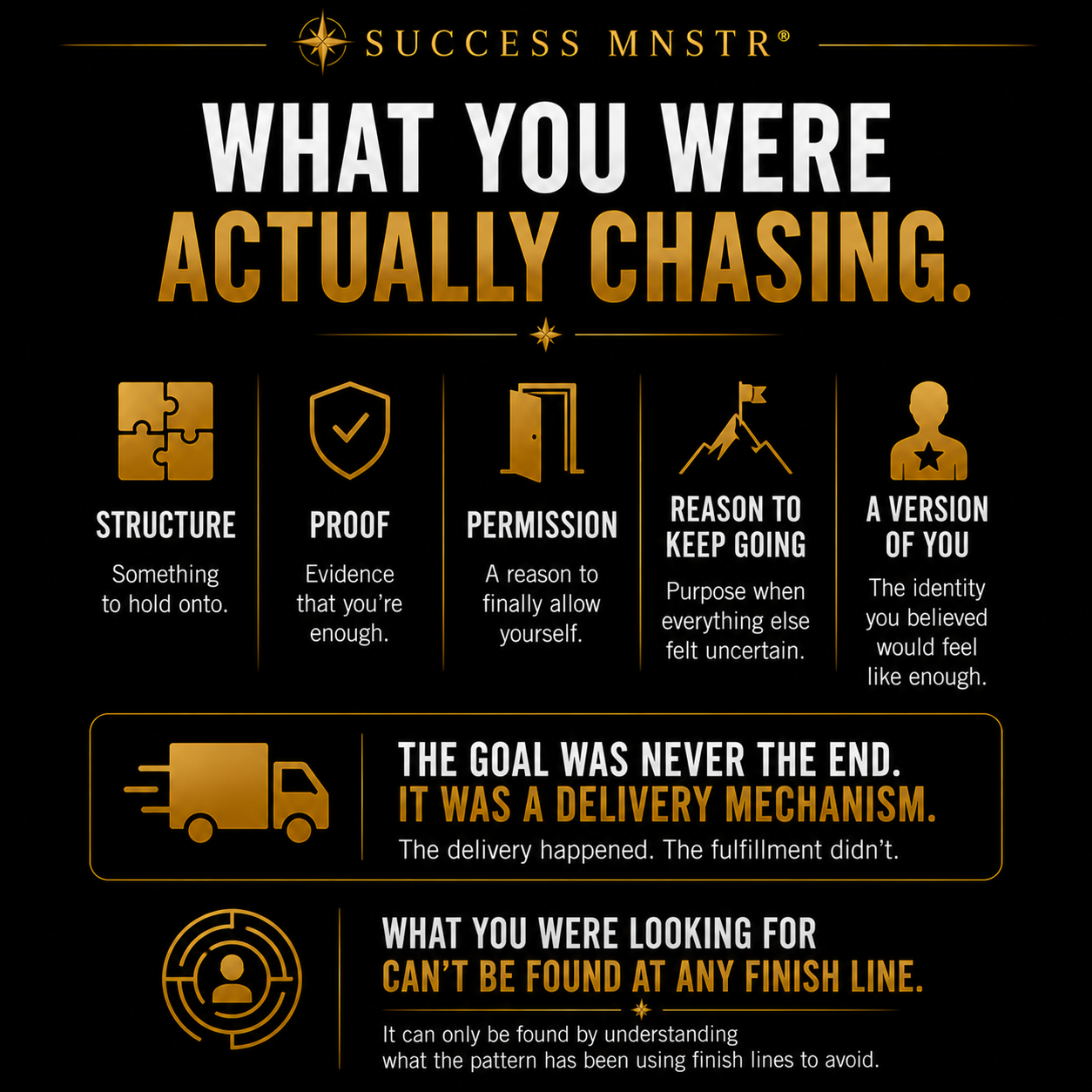 Success MNSTR infographic showing what people are actually chasing when they pursue goals. Five real drivers: structure, something to hold onto; proof, evidence that you are enough; permission, a reason to finally allow yourself; a reason to keep going, purpose when everything else felt uncertain; and a version of you, the identity you believed would feel like enough. The goal was never the end. It was a delivery mechanism. The delivery happened but the fulfillment did not. What you were looking for cannot be found at any finish line. It can only be found by understanding what the pattern has been using finish lines to avoid. Post-success psychology by Ashley Armstrong.