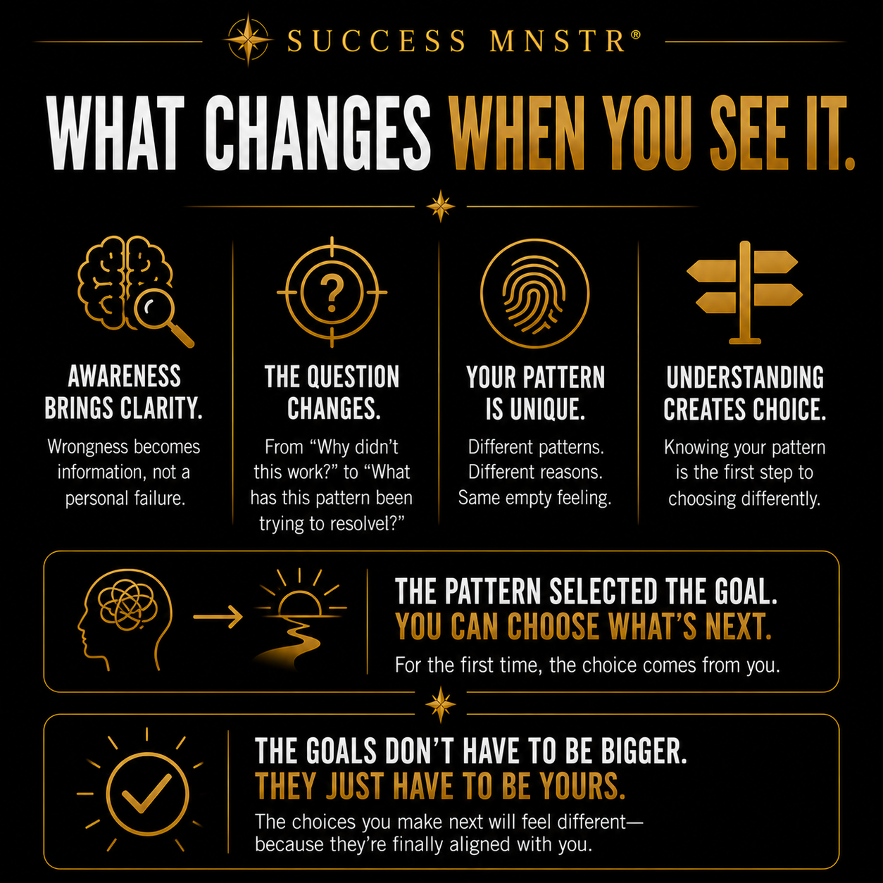 Success MNSTR infographic showing what changes when you recognize your pattern. Four shifts: awareness brings clarity so wrongness becomes information not a personal failure, the question changes from why didn't this work to what has this pattern been trying to resolve, your pattern is unique with different patterns having different reasons for the same empty feeling, and understanding creates choice because knowing your pattern is the first step to choosing differently. The pattern selected the goal. You can choose what is next. The goals do not have to be bigger. They just have to be yours. Post-success psychology by Ashley Armstrong.