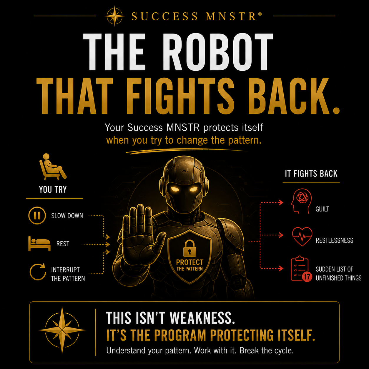 Success MNSTR infographic showing the robot that fights back metaphor. When you try to slow down, rest, or interrupt the pattern, your Success MNSTR protects itself by generating guilt, restlessness, and a sudden list of unfinished things. This is not weakness. It is the program protecting itself from being changed. Understand your pattern, work with it, break the cycle. Post-success psychology by Ashley Armstrong. Success MNSTR infographic showing the robot that fights back metaphor. When you try to slow down, rest, or interrupt the pattern, your Success MNSTR protects itself by generating guilt, restlessness, and a sudden list of unfinished things. This is not weakness. It is the program protecting itself from being changed. Understand your pattern, work with it, break the cycle. Post-success psychology by Ashley Armstrong.
