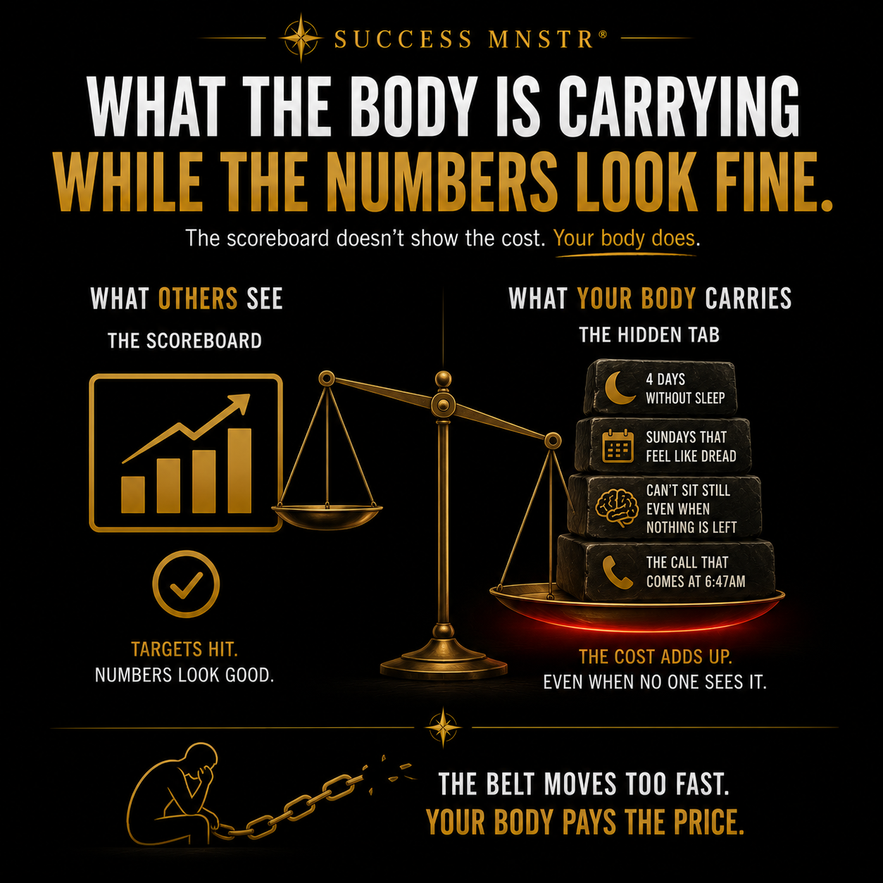 Success MNSTR infographic showing what the body carries while the numbers look fine. A scale weighs what others see, the scoreboard with targets hit and numbers looking good, against what your body carries, the hidden tab including 4 days without sleep, Sundays that feel like dread, can't sit still even when nothing is left, and the call that comes at 6:47am. The cost adds up even when no one sees it. The belt moves too fast. Your body pays the price. Allostatic load and post-achievement depression by Ashley Armstrong.