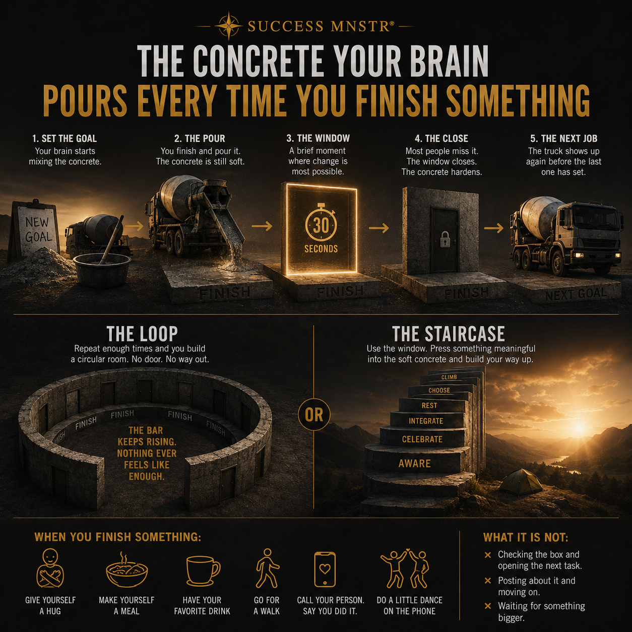 Success MNSTR infographic. The concrete your brain pours every time you finish something. Five stages from set the goal to the next job. Two outcomes: the loop, a circular room with no door where the bar keeps rising and nothing feels like enough, or the staircase, where you use the 30 second window to build your way up. Post-success psychology by Ashley Armstrong. Success MNSTR infographic. The concrete your brain pours every time you finish something. Five stages from set the goal to the next job. Two outcomes: the loop, a circular room with no door where the bar keeps rising and nothing feels like enough, or the staircase, where you use the 30 second window to build your way up. Post-success psychology by Ashley Armstrong.