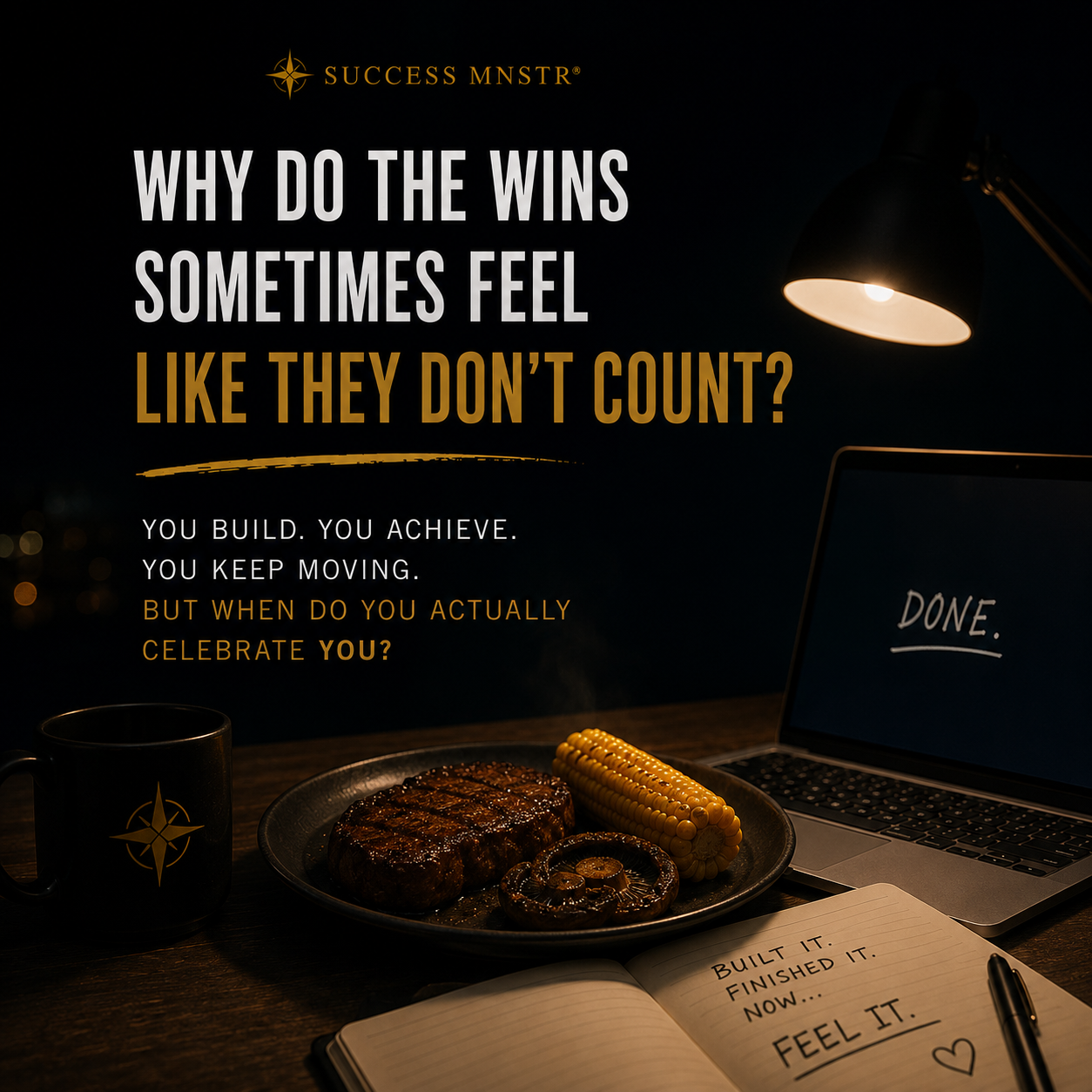 Success MNSTR image. Why do the wins sometimes feel like they don't count. Ribeye steak, portobello mushrooms and corn on the cob on a plate next to a laptop showing the word DONE and a notebook that reads built it, finished it, now feel it. Post-success psychology by Ashley Armstrong. Success MNSTR image. Why do the wins sometimes feel like they don't count. Ribeye steak, portobello mushrooms and corn on the cob on a plate next to a laptop showing the word DONE and a notebook that reads built it, finished it, now feel it. Post-success psychology by Ashley Armstrong.