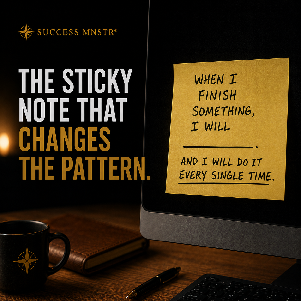 Success MNSTR image. The sticky note that changes the pattern. A sticky note on a computer monitor reads when I finish something I will blank. And I will do it every single time. How to celebrate small wins. How to reward yourself after completing a goal. How to build a celebration habit. Post-success psychology by Ashley Armstrong at successmnstr.com Success MNSTR image. The sticky note that changes the pattern. A sticky note on a computer monitor reads when I finish something I will blank. And I will do it every single time. How to celebrate small wins. How to reward yourself after completing a goal. How to build a celebration habit. Post-success psychology by Ashley Armstrong at successmnstr.com