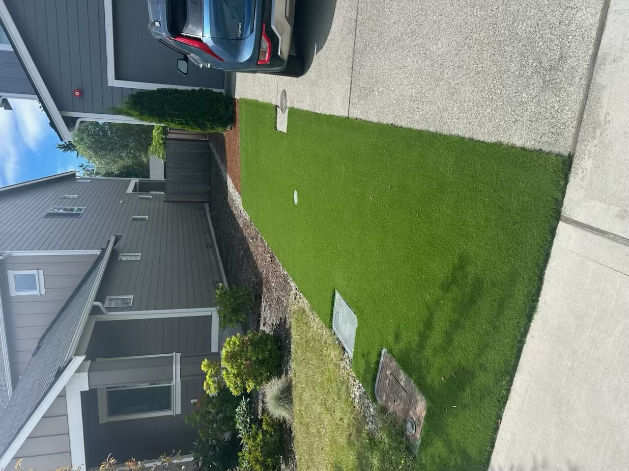 Narrow strip of green turf between a driveway and planting bed