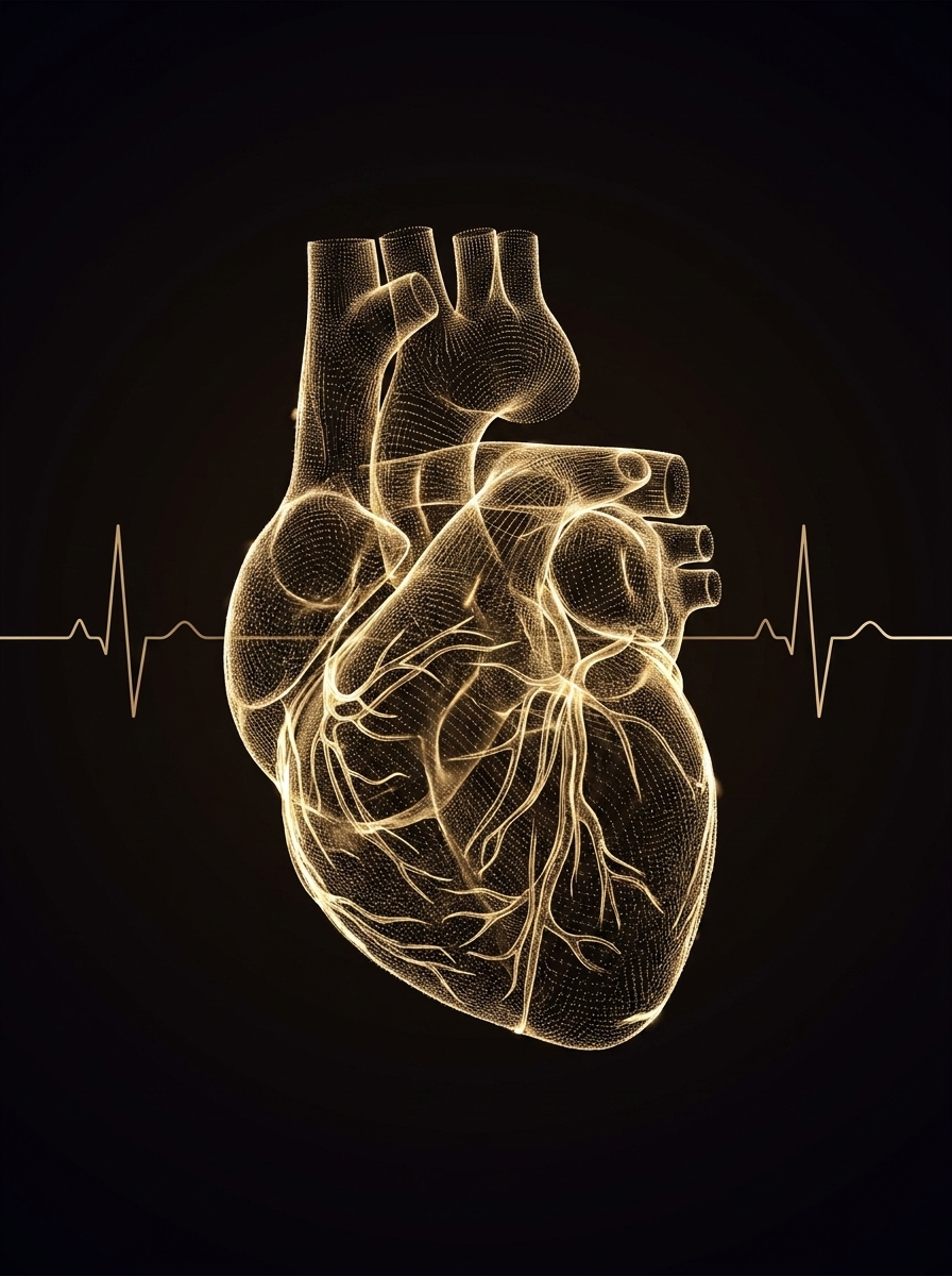 Gold wireframe heart with ECG line