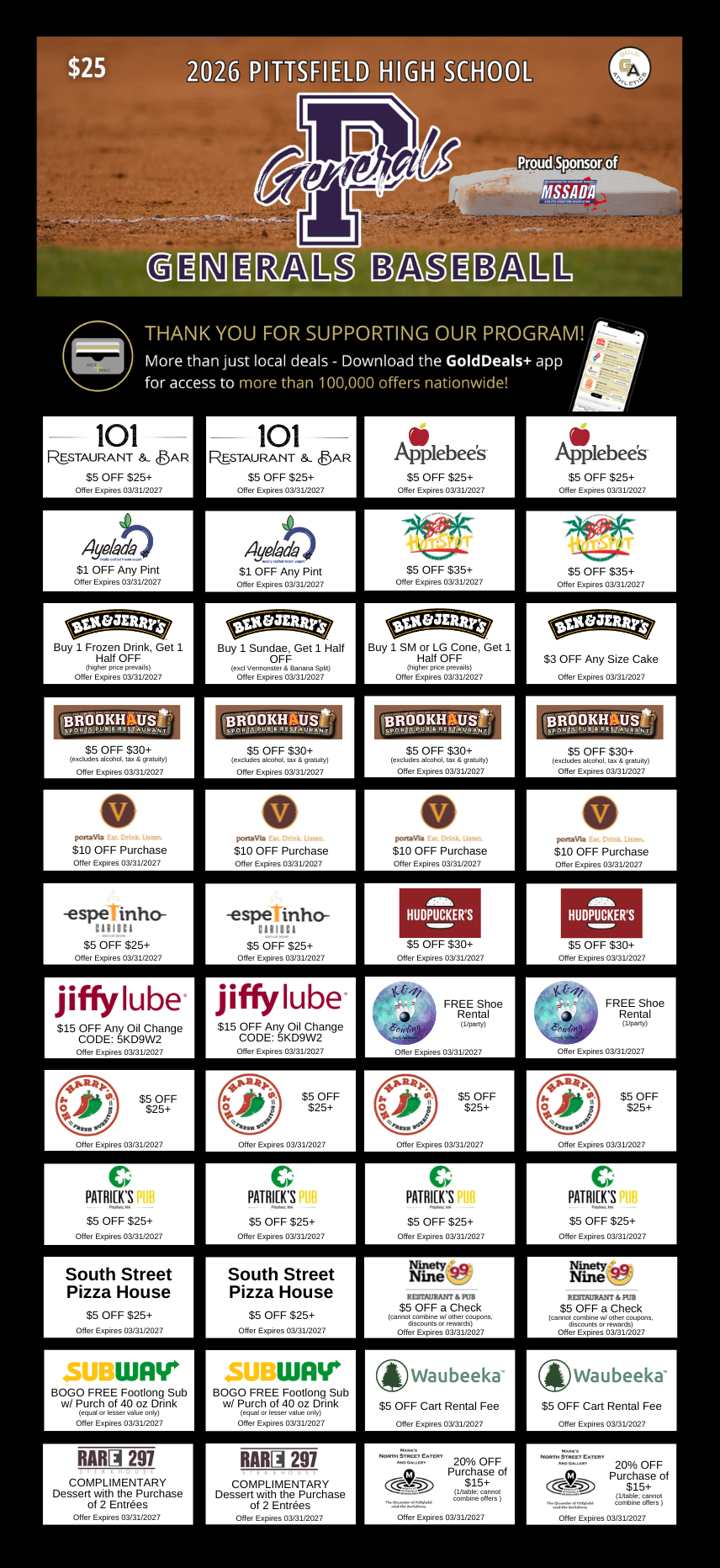 West Springfield Baseball Gold Ticket featuring Applebee's, Ben & Jerry's, Jiffy Lube, Subway, and Patrick's Pub