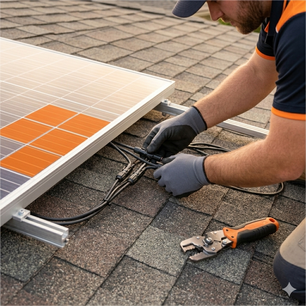 Technician inspecting solar panel wiring and connectors on a roof