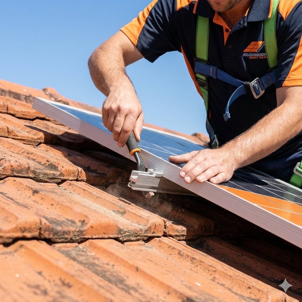 Solar panel being carefully detached from a tile roof by a technician