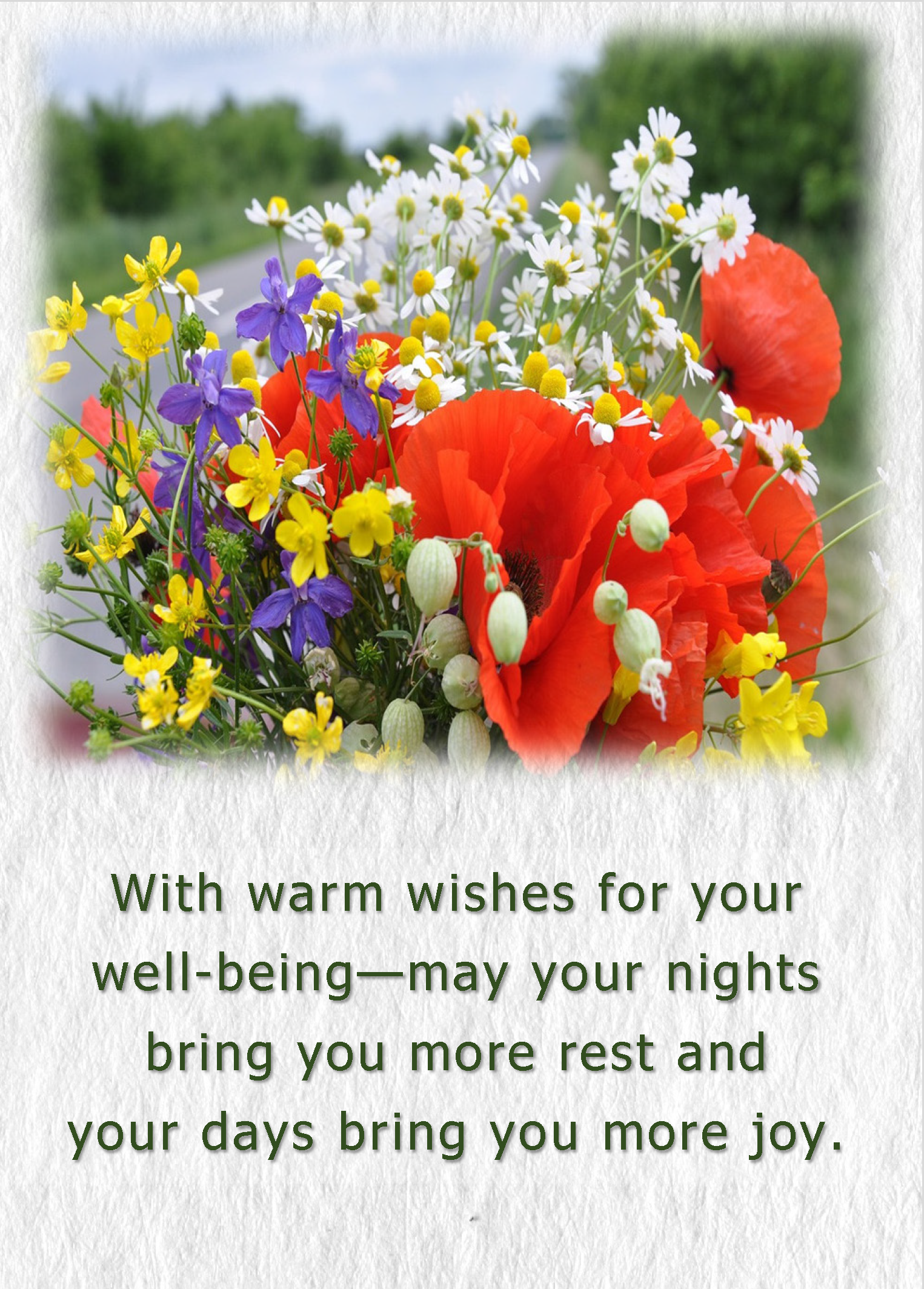 Flowers and hearts accompanying a wish for rest and joy.