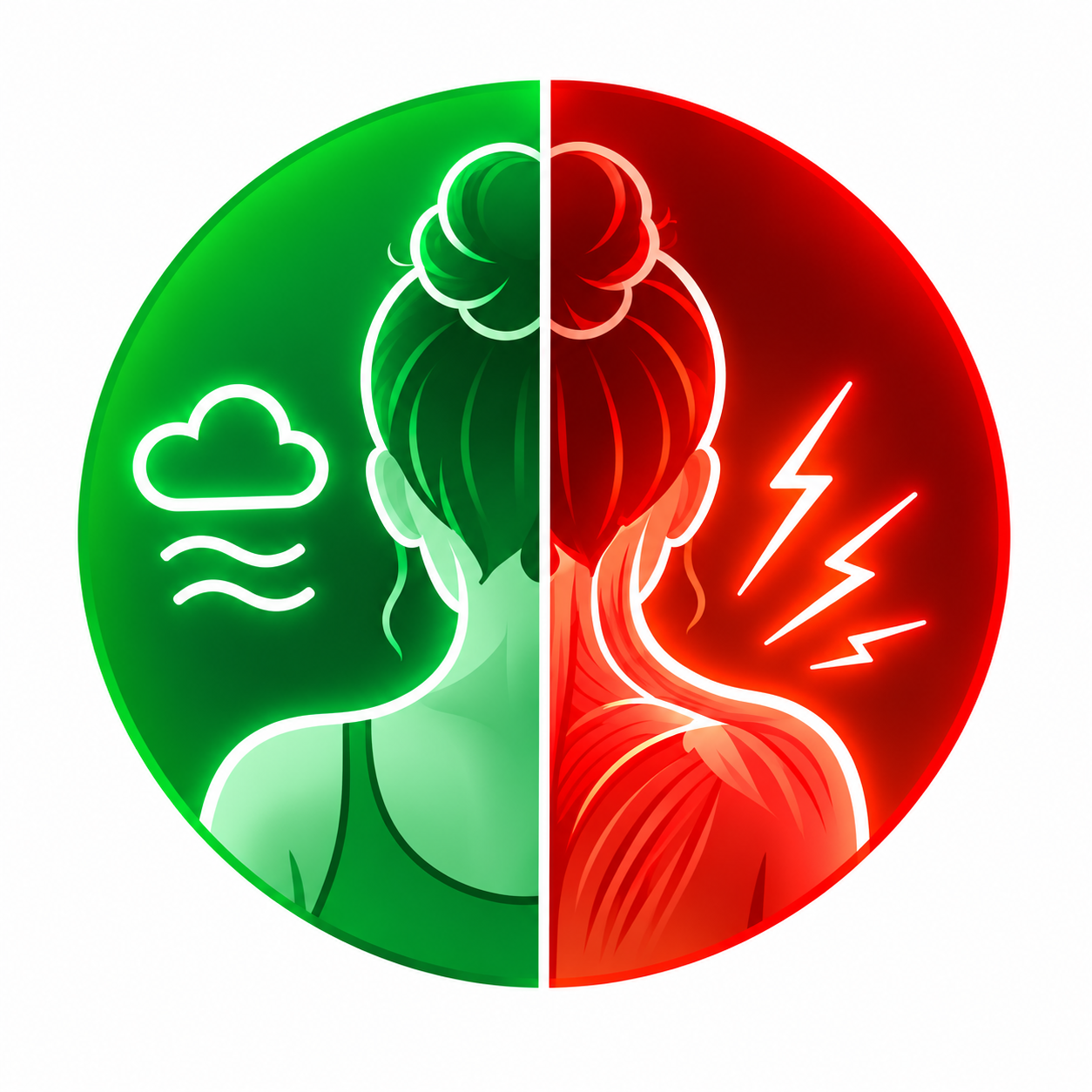 Calm mind paired with muscle tension, illustrating quiet thoughts while the body remains tense.