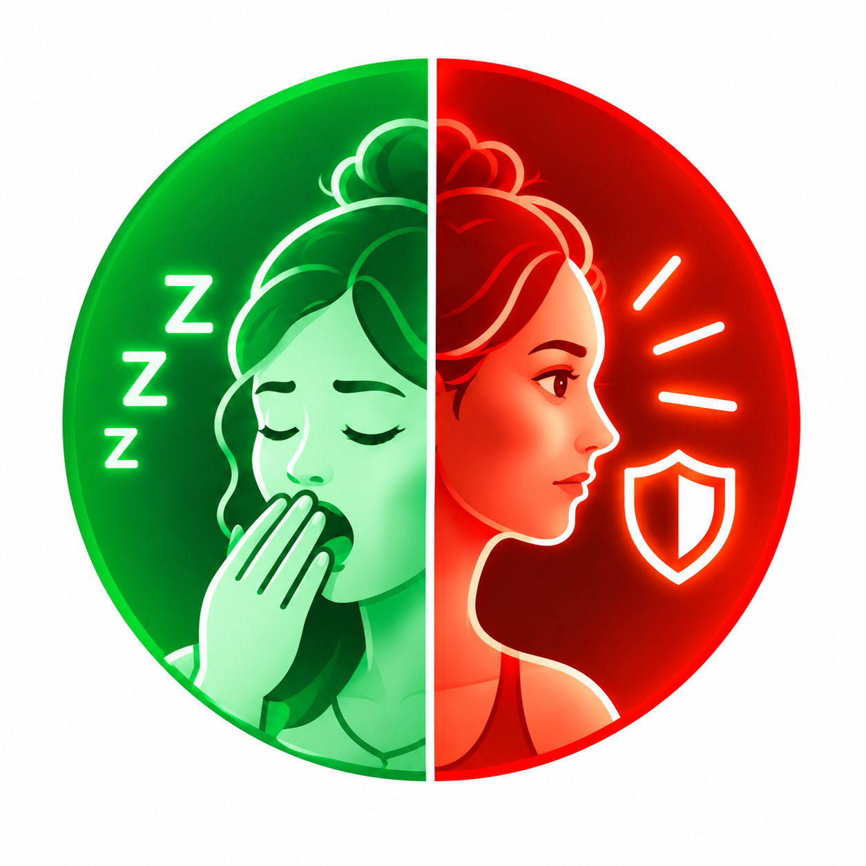 Sleepy person paired with an alert body, illustrating feeling sleepy while the body remains on guard.