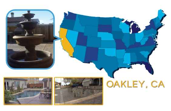 Map showing the 55-mile service area of Callado Concrete Inc centered on Oakley CA