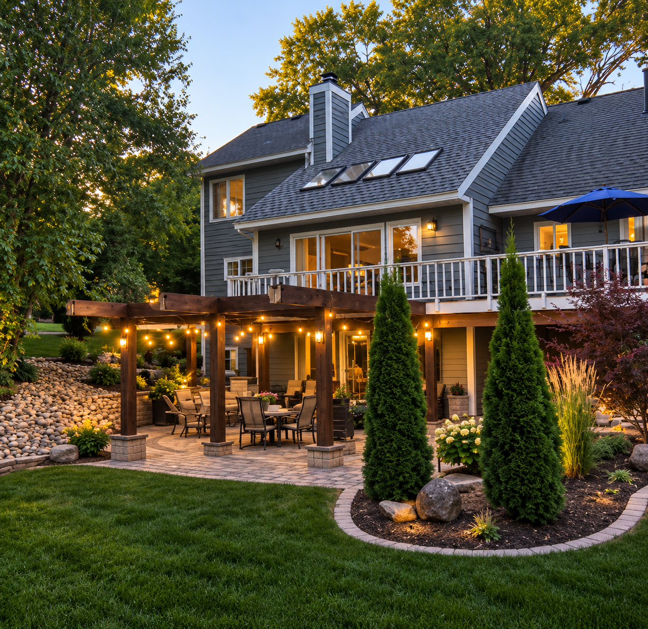 Backyard at dusk with a paver patio beneath a deck strung with lights, curved planting beds with evergreens and ornamental grasses, and a stone edge along the lawn.