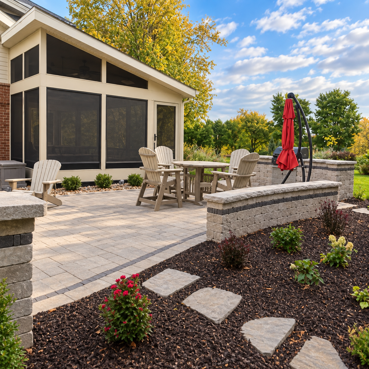 Block retaining wall under construction with stepped tiers on a sloped lot behind a white house, laid out before planting and finish grading.