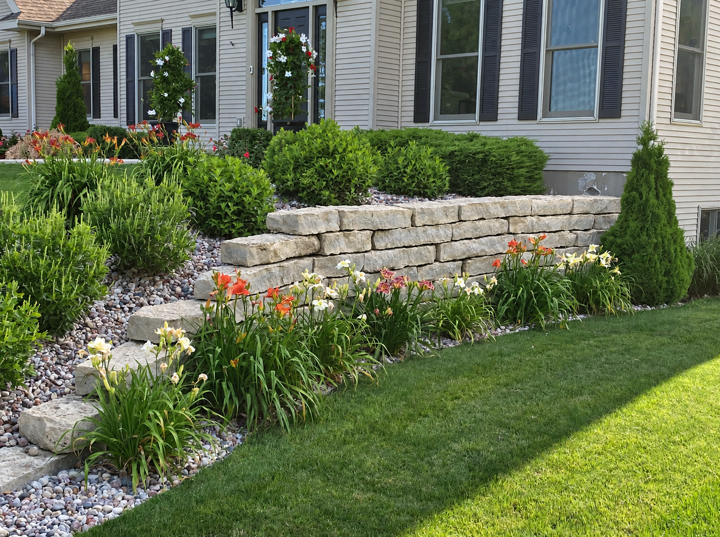 Low stacked stone garden wall retaining a planted bed of flowering bulbs and ornamental grasses against a white house, lawn sloping away in front.