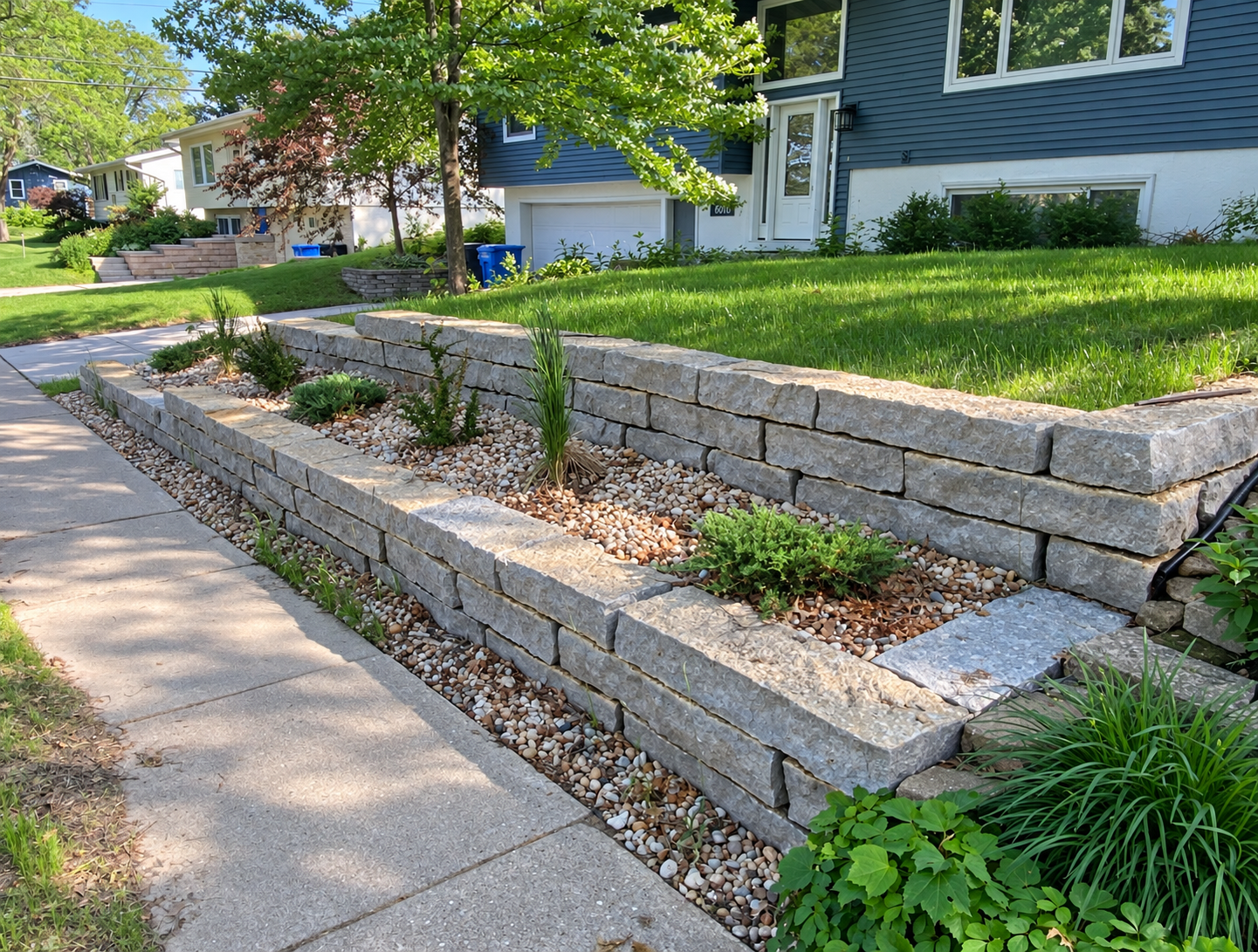 Squared stone retaining wall with stepped tiers holding a raised planting bed of grasses and gravel mulch beside a sidewalk.
