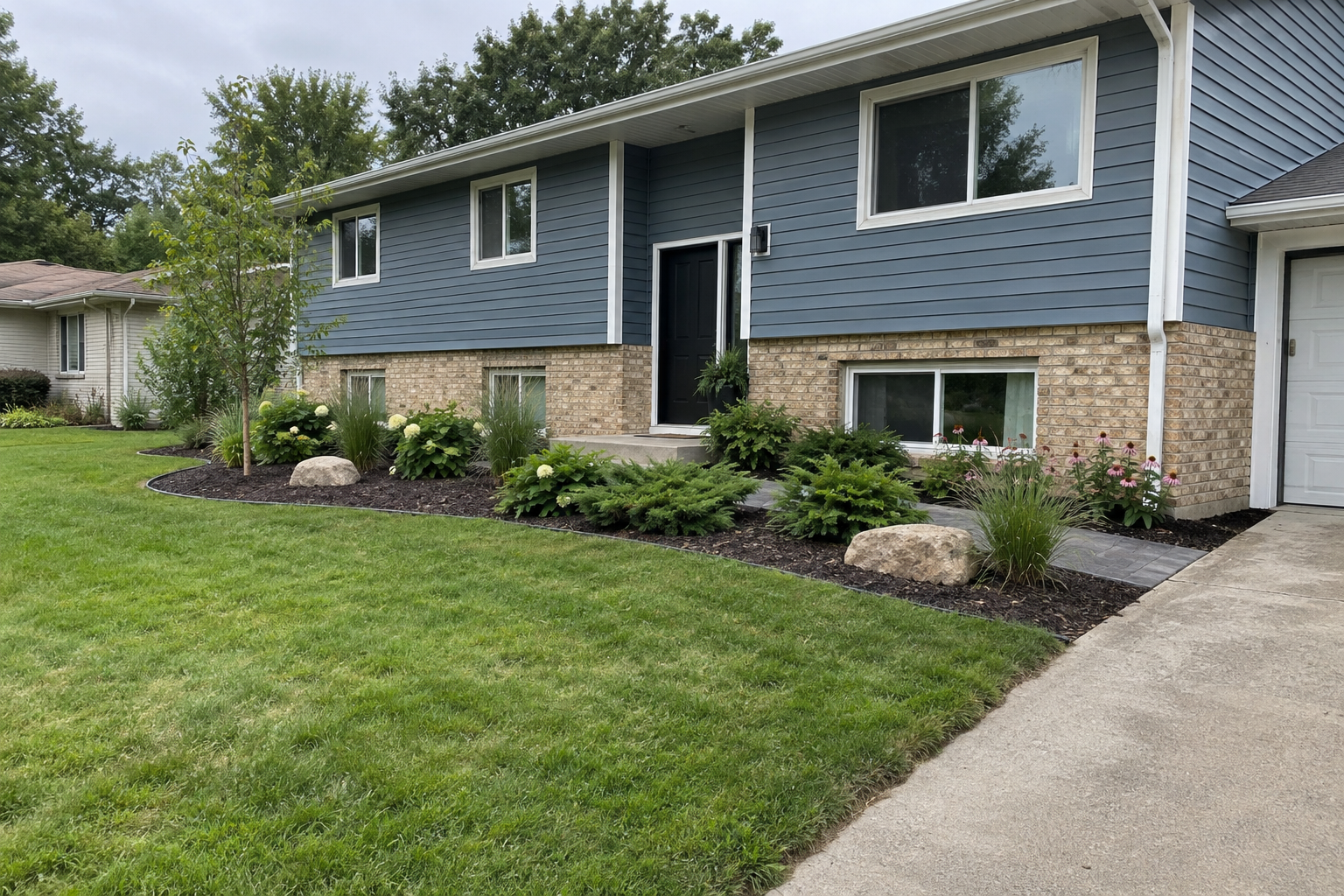 Front yard of a blue split-level house with mulched foundation beds, low shrubs, and boulders along a walkway, bordered by cut lawn.